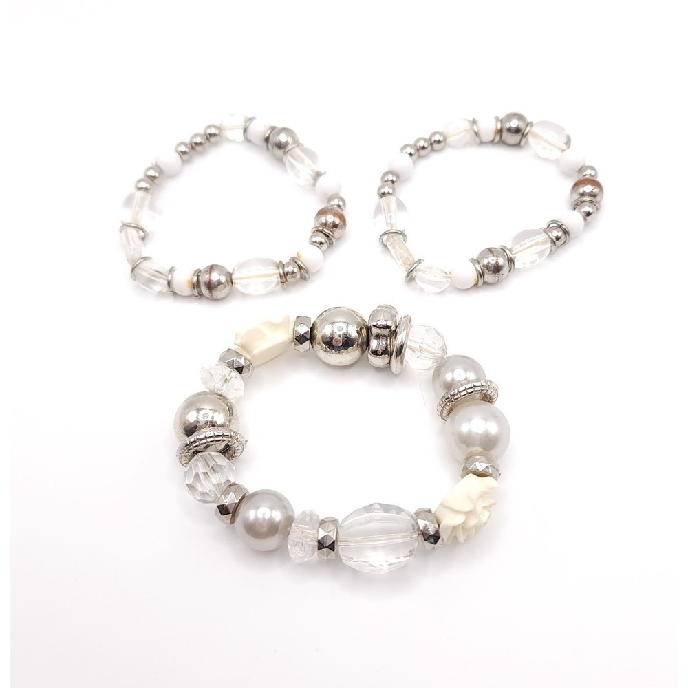 Set of 3 Stretch Bracelets Faux‎ Pearl Clear Bead Floral Silver